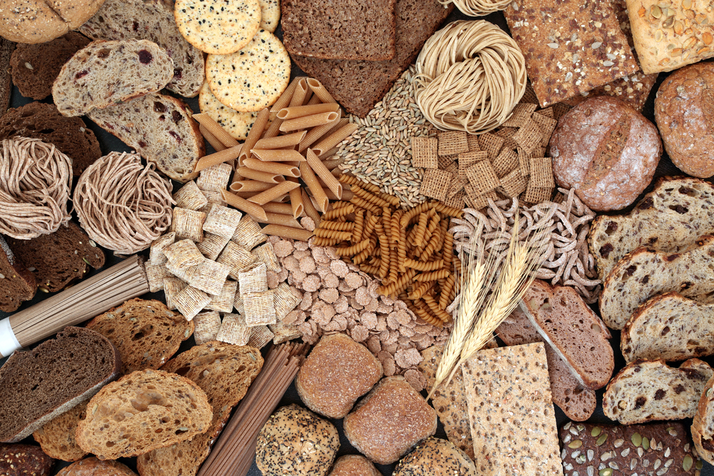 Large high fibre health food of pasta, cereals & bread also high in minerals, vitamins, smart carbs & has a low GI levels. Lowers blood pressure & cholesterol and manages diabetes. Flat lay.