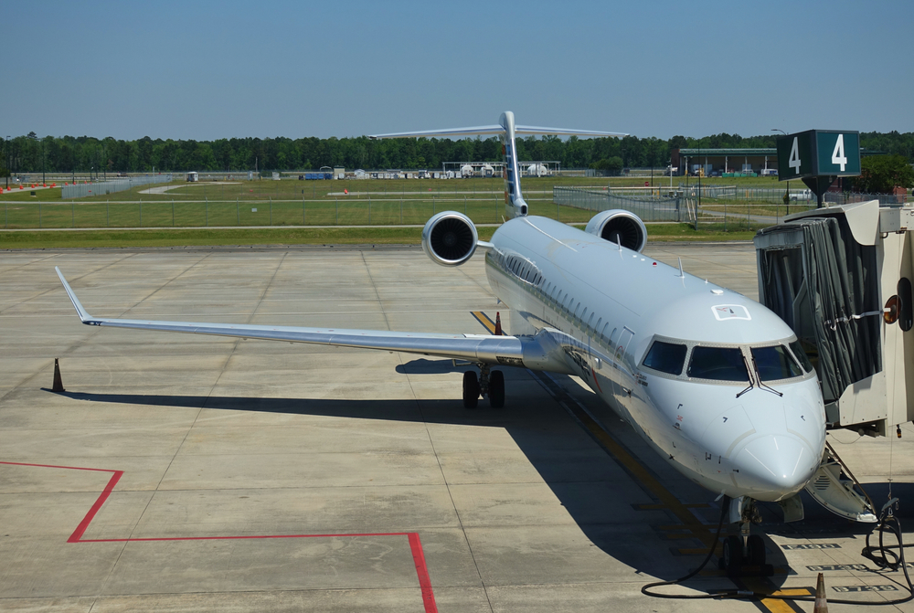 SAVANNAH, GA -3 MAY 2020- View of a CRJ900 Bombardier regional jet airplane from American Eagle at the Savannah Hilton Head international airport (SAV) serving Georgia and South Carolina.