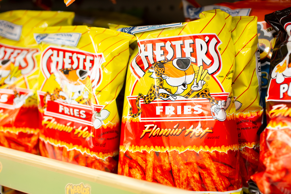 Los Angeles, California, United States - 07-22-2020: A view of several bags of Chester's Fries Flamin' Hot chips, on display at a local grocery store.