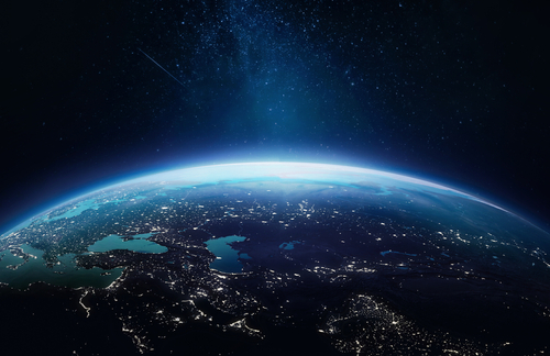 Surface of Earth planet in deep space. Outer dark space wallpaper. Night on planet with cities lights. View from orbit. Elements of this image furnished by NASA