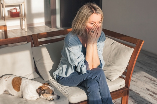Frustrated nervous sad middle aged woman sitting on sofa, touching forehead, suffering from headache alone at home. Worried stressed adult female at home