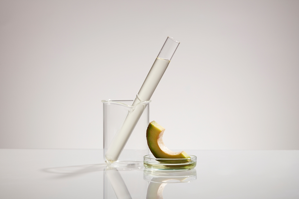 Front view of fresh avocado slice on petri dish, test tube containing transparent liquid in beaker, decorated on white background. Scene for advertising natural cosmetic oil with avocado