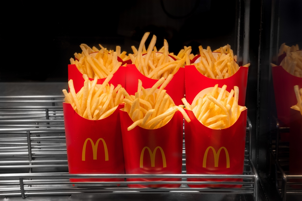 Bangkok, Thailand - May 20, 2023 : McDonald's French fries in the French fries box in McDonald's Restaurant
