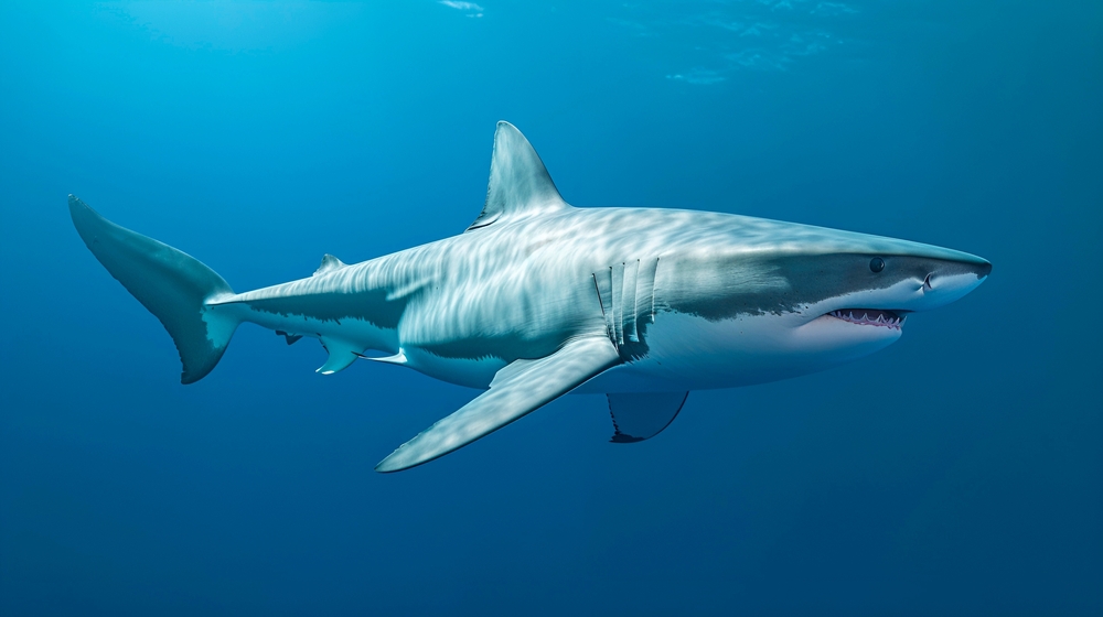 Ocean shark bottom view from below. Open toothy dangerous mouth with many teeth. Underwater blue sea waves clear water shark swims