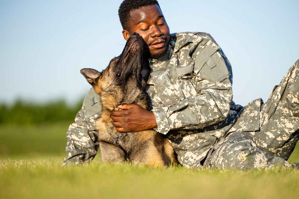 Love between soldier and military dog.