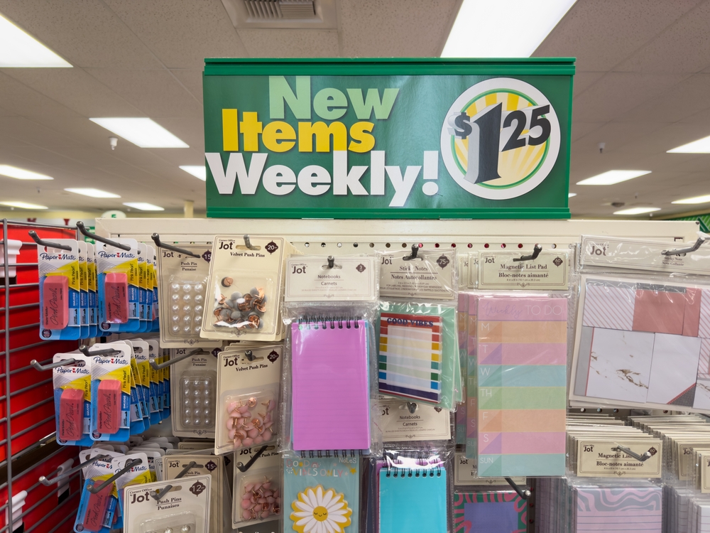 Los Angeles, CA - July 8, 2023: New Items Weekly banner ad for various office supplies inside Dollar Tree Store.