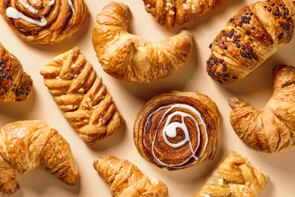 assorted freshly baked pastries, top view
