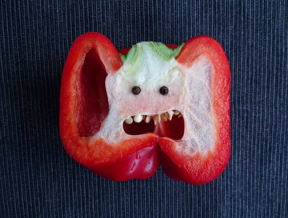 A half of a red bell pepper look like monster