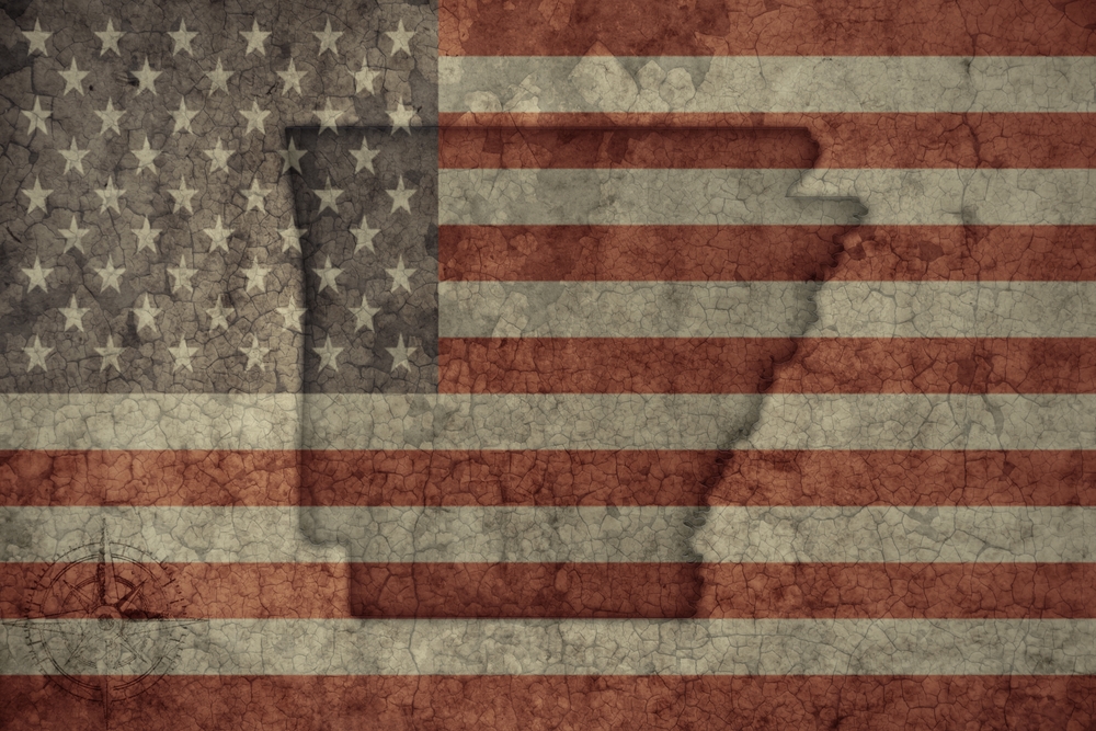 map of arkansas state and flag of united states of america on a old vintage crack paper background . 3d illustration
