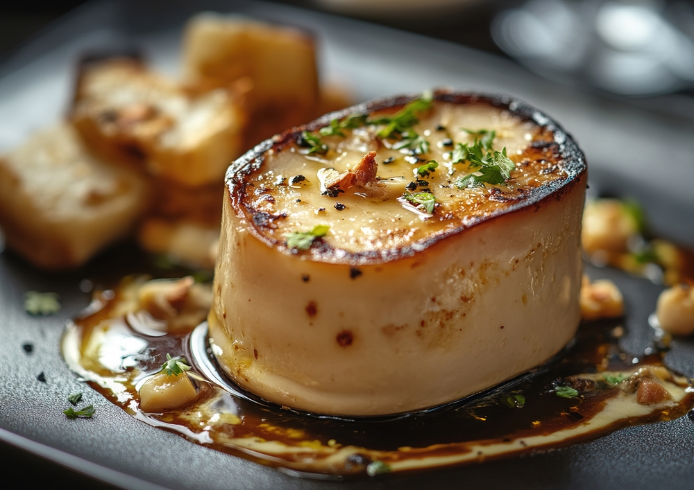 Goose foie gras with a smooth creamy texture presented on a decorative plate, shot at a restaurant angle view for an elegant food composition.