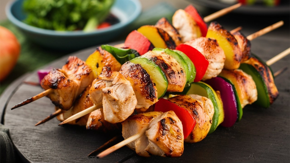 Chicken Kabobs: Grilled chicken kabobs with colorful vegetables, perfectly charred and served on skewers, capturing the essence of outdoor grilling and fresh flavors.