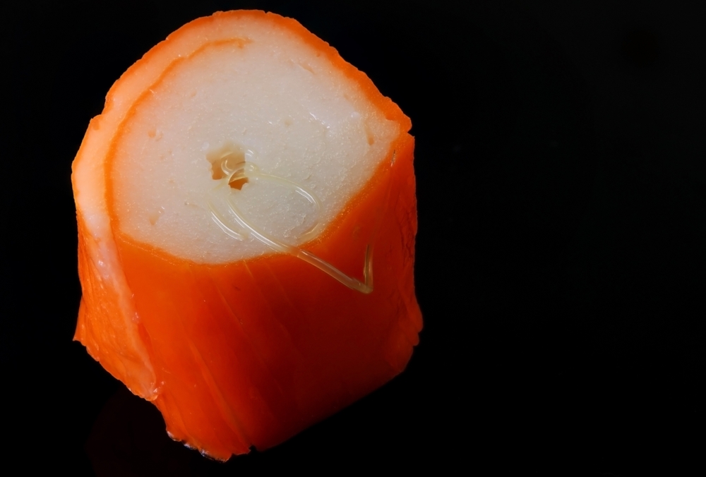 Anisakis parasitic worms in a piece of fresh fish or Sushi