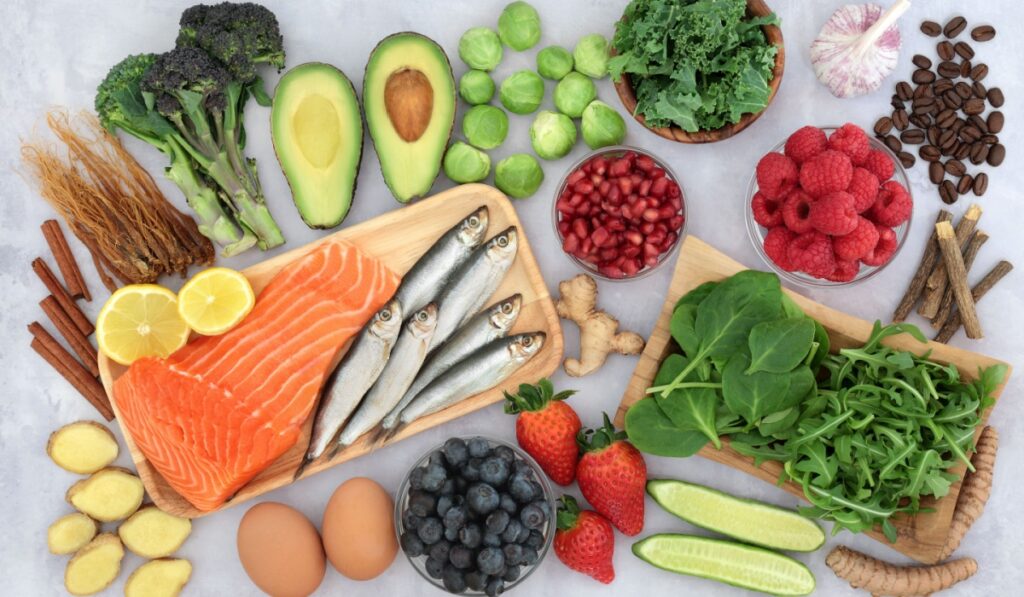 Asthma, COPD and respiratory relieving health food with herbs and spices used in herbal medicine. High in antioxidants, anthocayanins, protein, omega 3, minerals and vitamins. Flat lay.