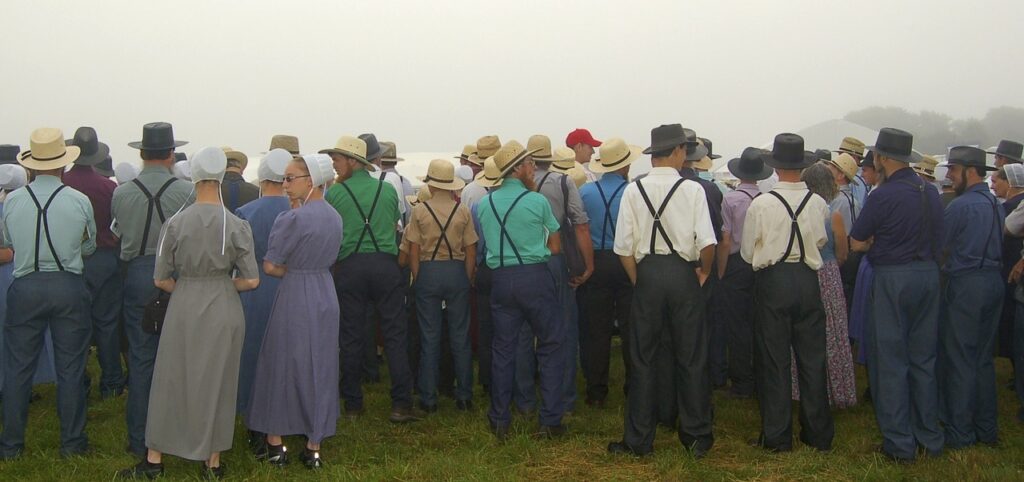 A group of Amish people stand with their backs to the camera.