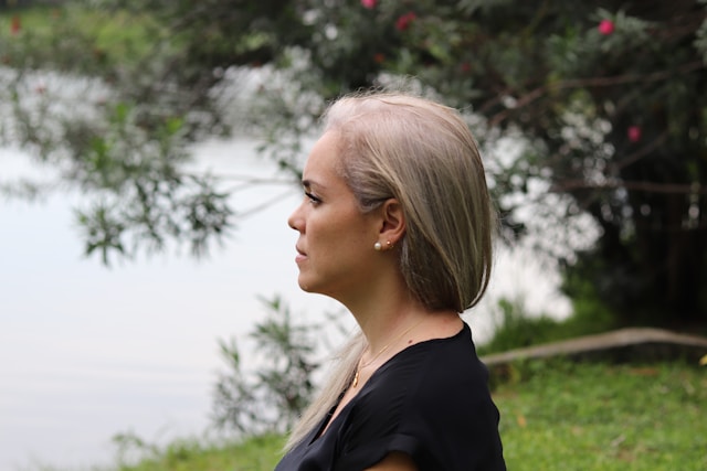 woman in navy with blonde hair