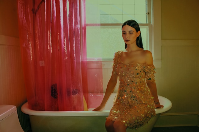 woman in a gold dress