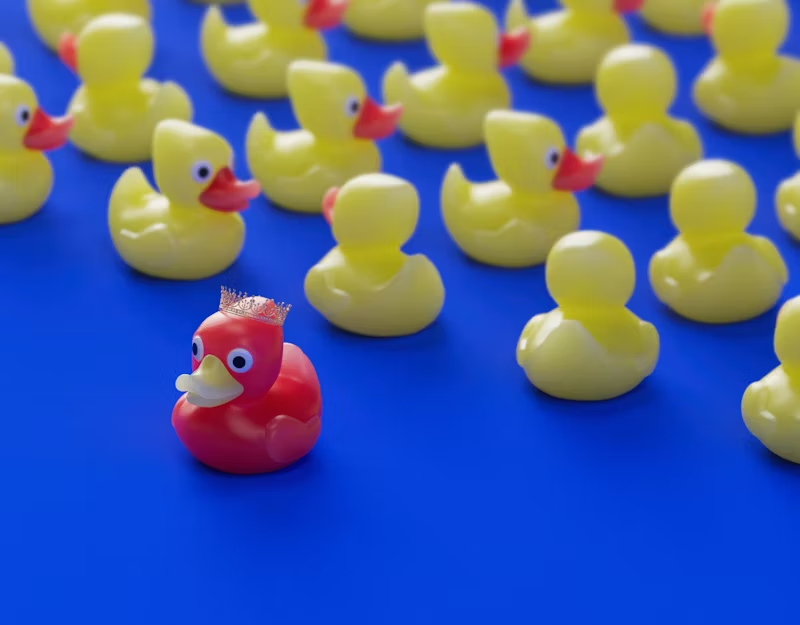 a red rubber duck with a crown inn a sea of yellow rubber ducks