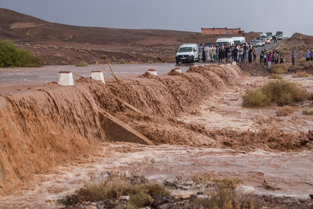 Flash flooding in Merzouga, a small Moroccan town in the Sahara Desert, near the Algerian border.
