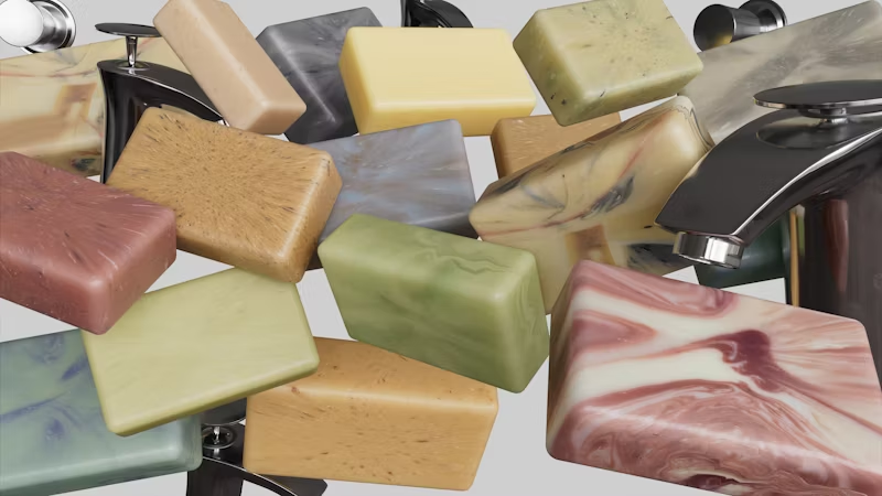 many bars of soap overlaying a sink faucet