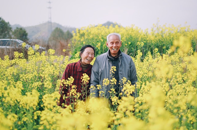 retirees in a flower field