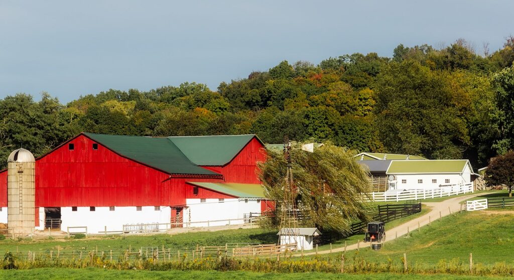 Red barn. Greenery in the background.