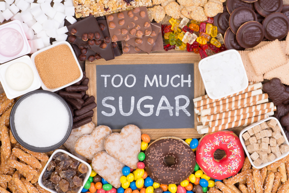 Food containing too much sugar. Sugar in diet causes obesity, diabetes and other health problems