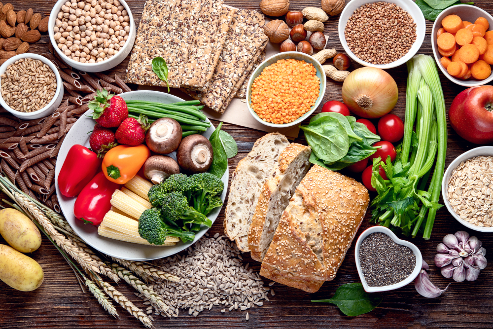 Healthy natural ingredients containing dietary fiber. Healthy high fiber diet eating concept with antioxidants and vitamins