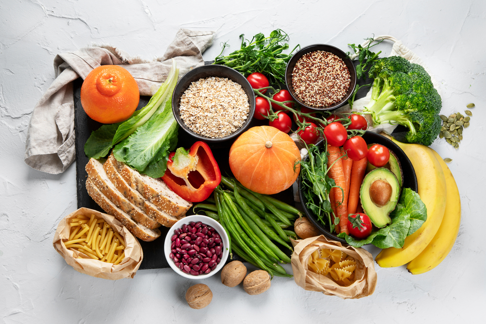High Fiber Foods., Healthy balanced dieting concept.. Foods high in antioxidants,minerals and vitamins. Immune boosting. Flat lay., top view

