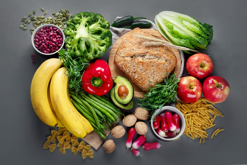 High Fiber Foods., Healthy balanced dieting concept.. Foods high in antioxidants,minerals and vitamins. Immune boosting. Flat lay., top view