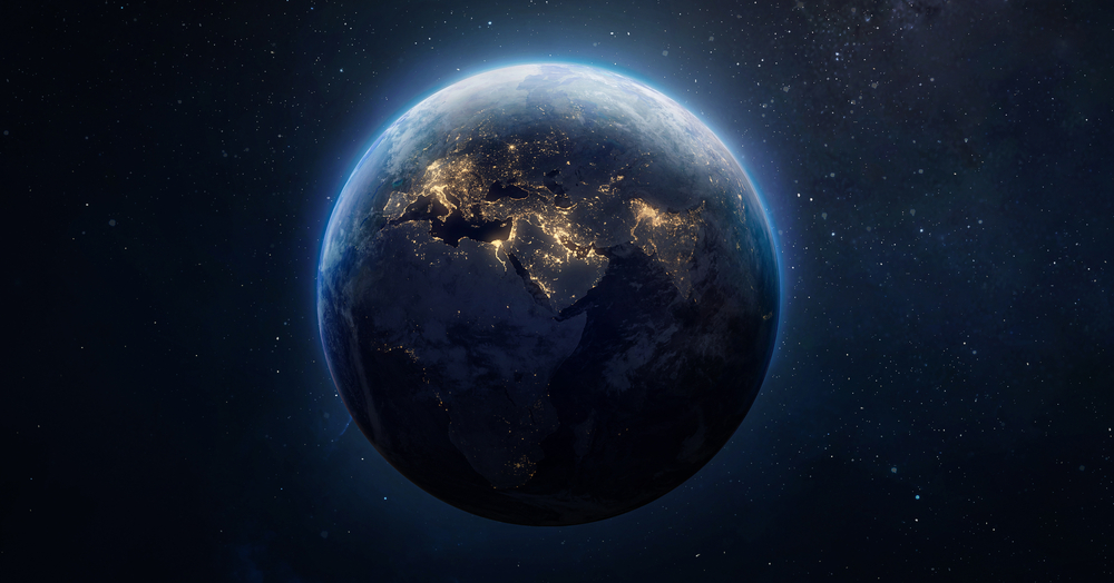 Sphere of nightly Earth planet in outer space. City lights on planet. Life of people. Solar system element. Elements of this image furnished by NASA