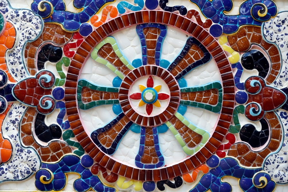 Ho Phap buddhist temple. Dharma Wheel. Dharmachakra, the Buddhist eight-fold path illustrated in a wheel. Vung Tau. Vietnam.
