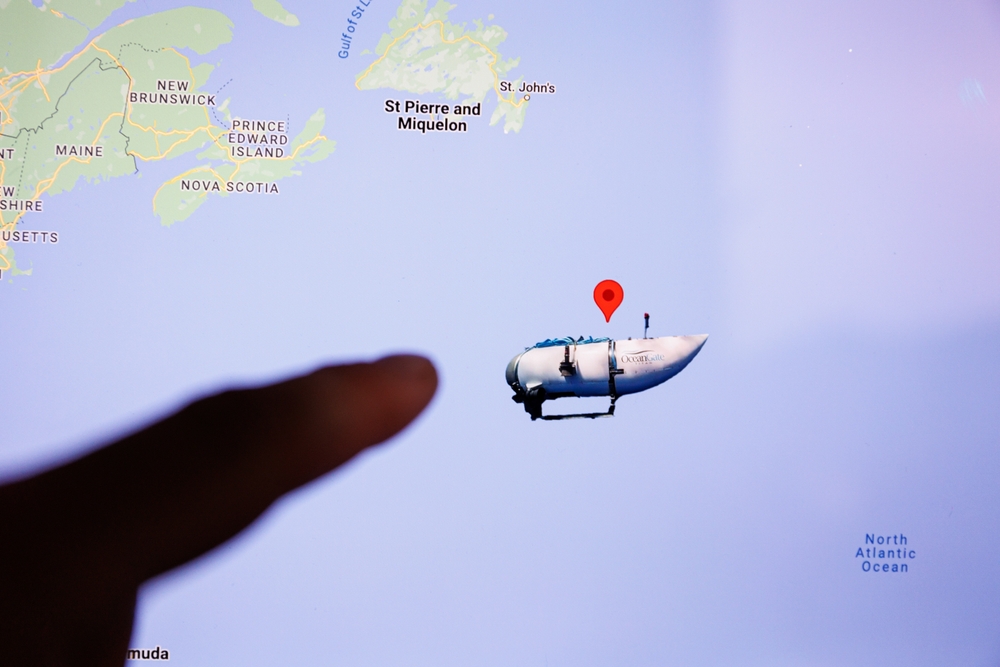 New York, United States of America - 2023 June 21: Missing Titanic submarine OceanGate place of disappearance on map. Selective focus on map.