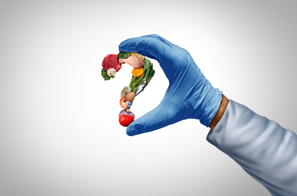 Food inspection and inspecting the safety of ingredients as romaine lettuce and chicken or poultry as a question mark representing public health to avoid foodborne illnesses and contamination.