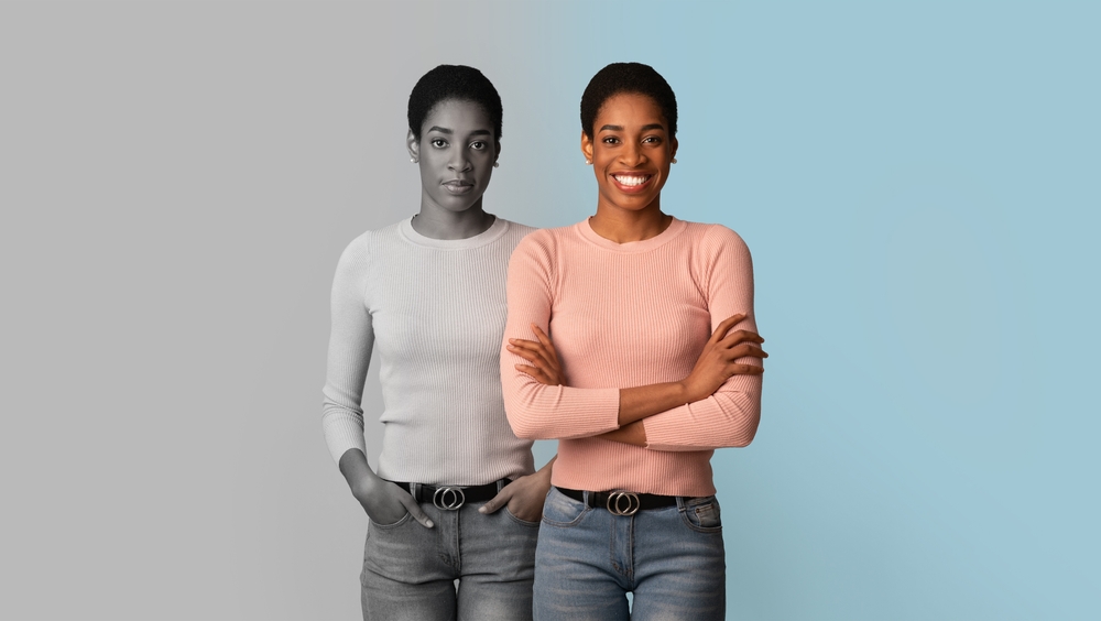 Happy, confident and unhappy serious millennial black lady on blue and gray background, studio, panorama. Mental, work and health problems, stress emotions, mood and depression
