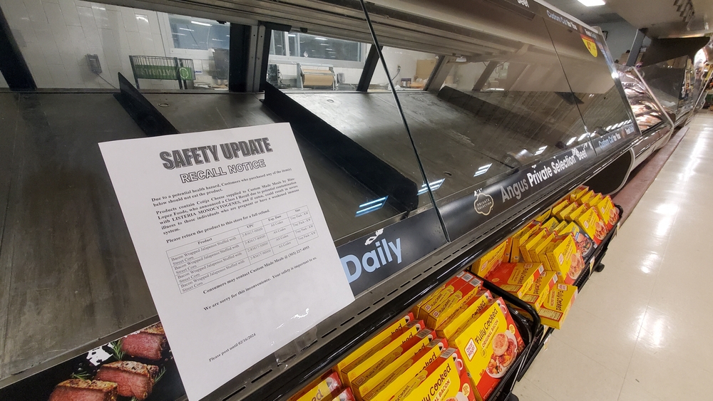 VA, USA - 9 Feb 2024: Food safety recall on empty meat racks for cotija cheese products made by Rizo-Lopez Foods concerning listeria monocytogenes. Elderly, newborns, and weak immunity most at risk
