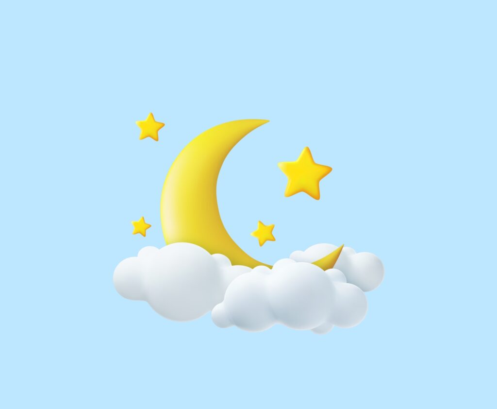 3d Crescent moon, golden stars and white clouds isolated on blue background. Dream, lullaby, dreams background design for banner, booklet, poster. 3d rendering. Vector illustration