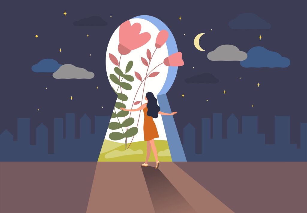 Discovery yourself. Dream self freedom. Find emotions inside. Belief and identity development. Mental improvement. Door keyhole. Unknown way portal. Psychology concept. Vector illustration
