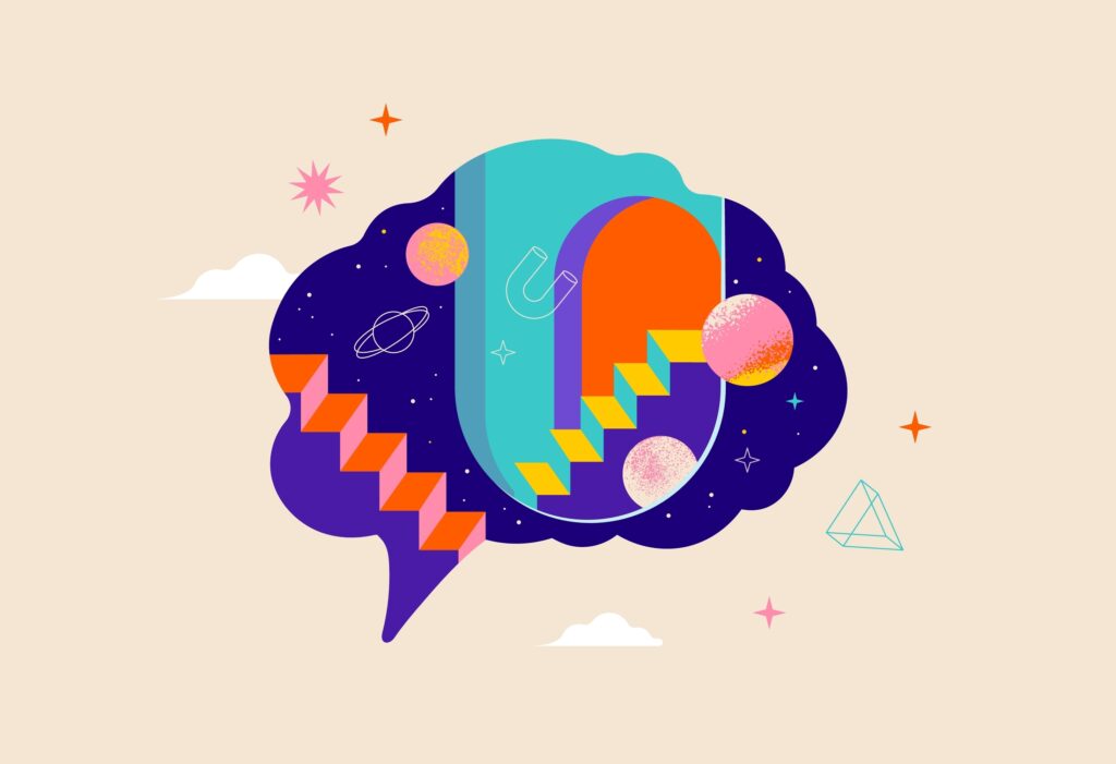 Surreal, Psychology, Dream, Mental Health concept illustration. Brain, neuroscience and creative mind poster, cover. Contemporary art background and shapes. Vector illustration