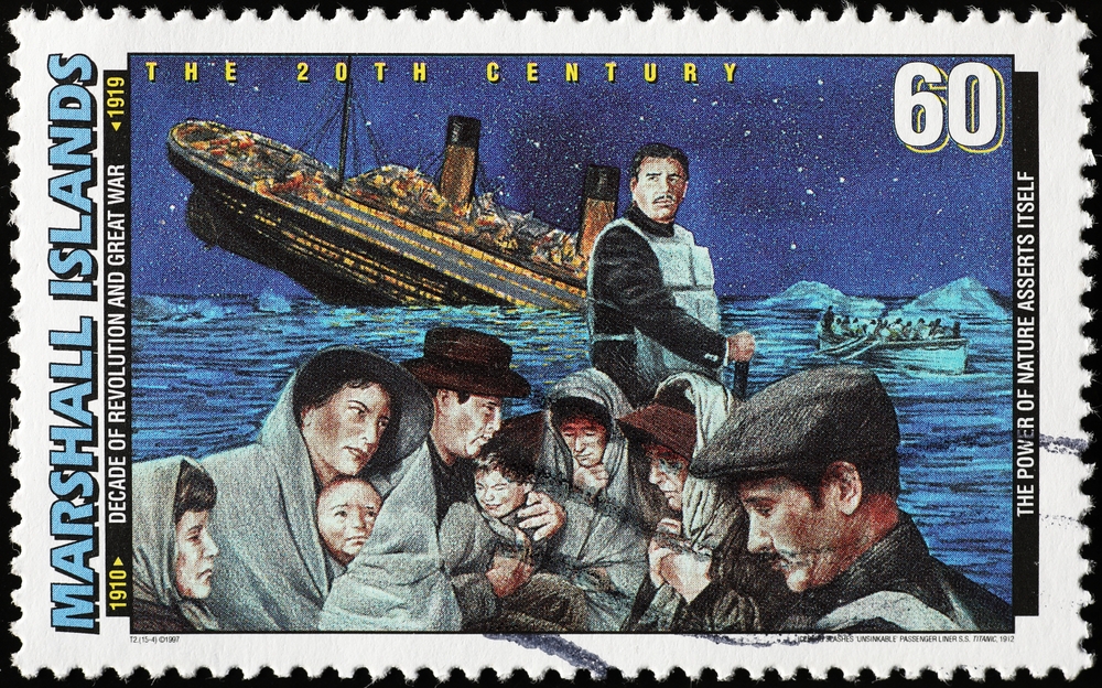Milan, Italy - January 29, 2024: Titanic castaways on postage stamp of Marshall Islands
