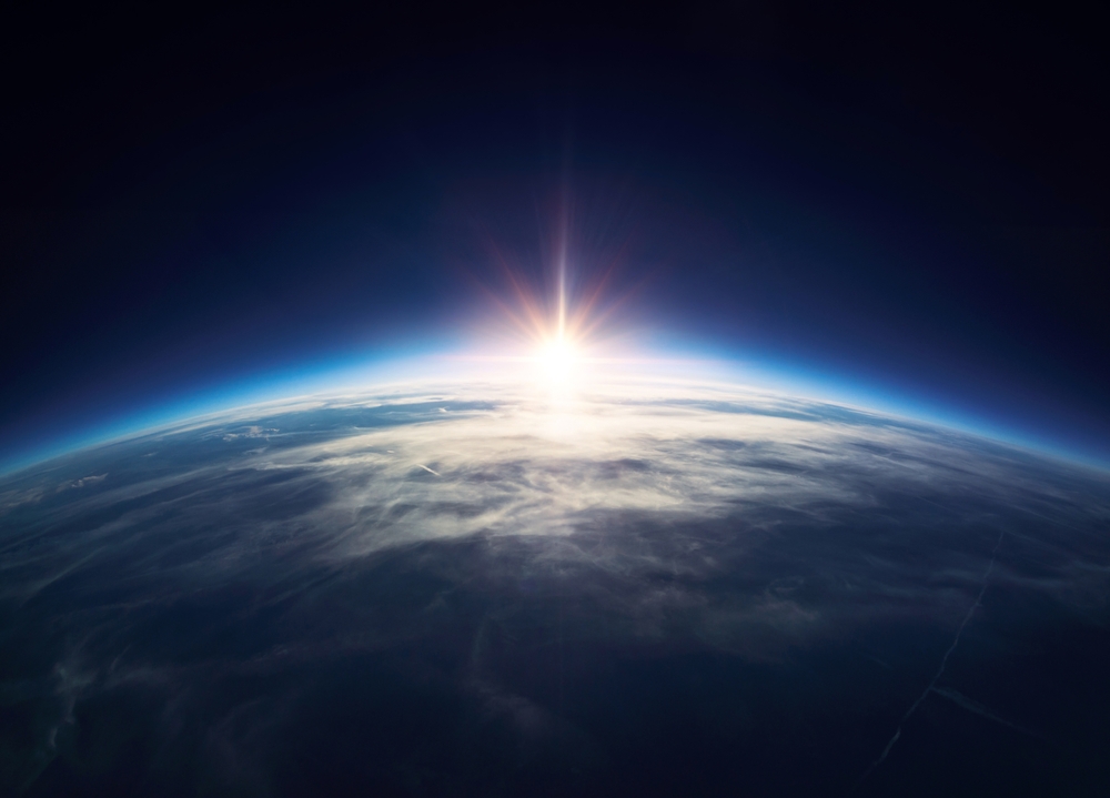 Panoramic view of the Earth, stars and galaxy. Planet Earth, view from space. Space fantasy. Elements of this image furnished by NASA.
