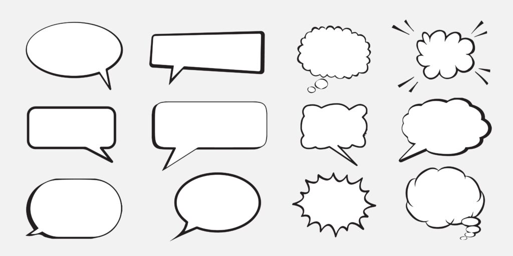 Set, collection of flat style vector speech bubbles, clouds, baloons. Talking, speaking, chatting, screaming, laughing, thinking, dreaming bubbles. Modern motion design shapes with rounded edges.