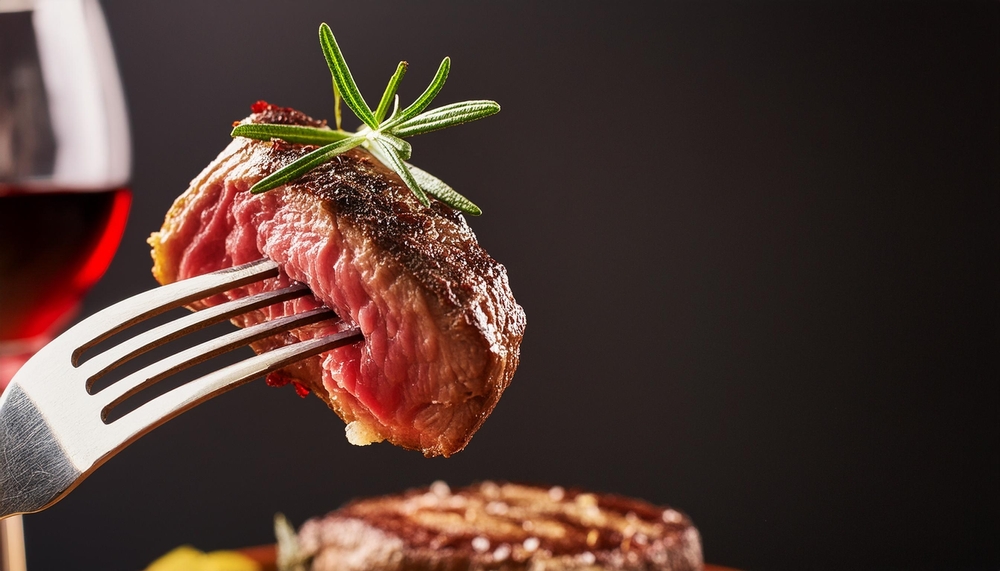A grilled rib-eye beef steak seasoned with rosemary and accompanied by red wine, all set against a black background. The steak, perched on a fork,is garnished with rosemary and sprinkled with sea Salt
