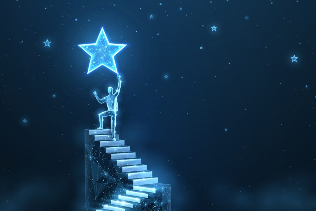 Man on the top of stair and star. Achieve career growth, Reach goal, Success ladder, Business opportunity, Leader businessman, Catch chance, Job opportunity, Achieve target, dream concept