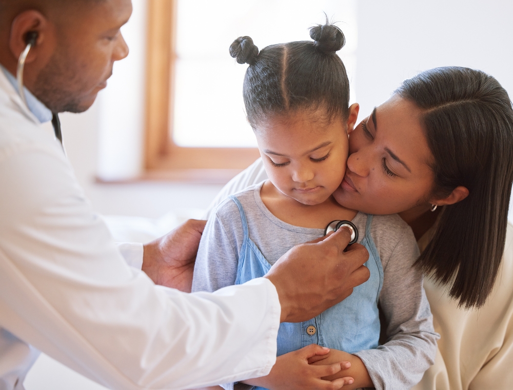 Parent, doctor and listen to heartbeat of little girl, healthcare and check breathing in home. Mother, child and stethoscope to test chest in hospital for consulting, cardiology and tool for lungs
