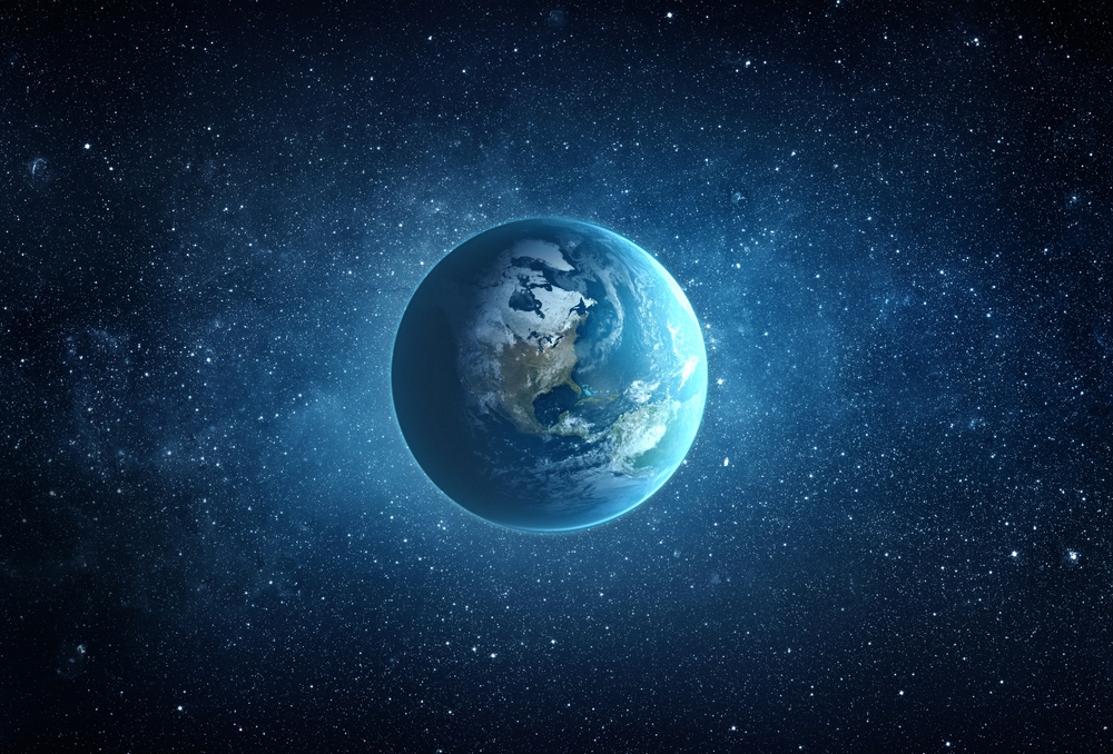 Panoramic view of the Earth, stars and galaxy. Planet Earth, view from space. Space fantasy. Elements of this image furnished by NASA.
