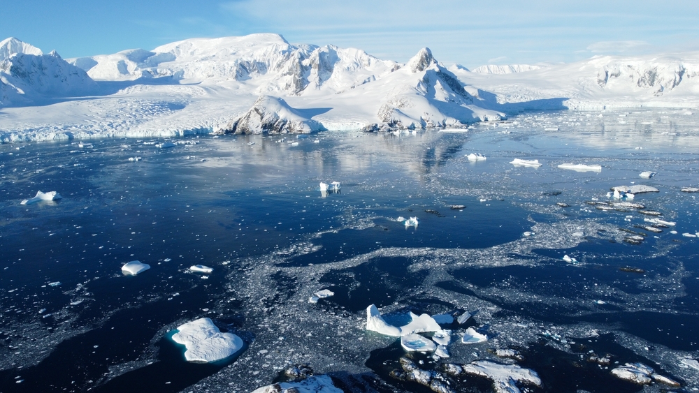 Antarctica mountains and ocean. South Pole. Antarctica seascape and landscape. Glaciers.
