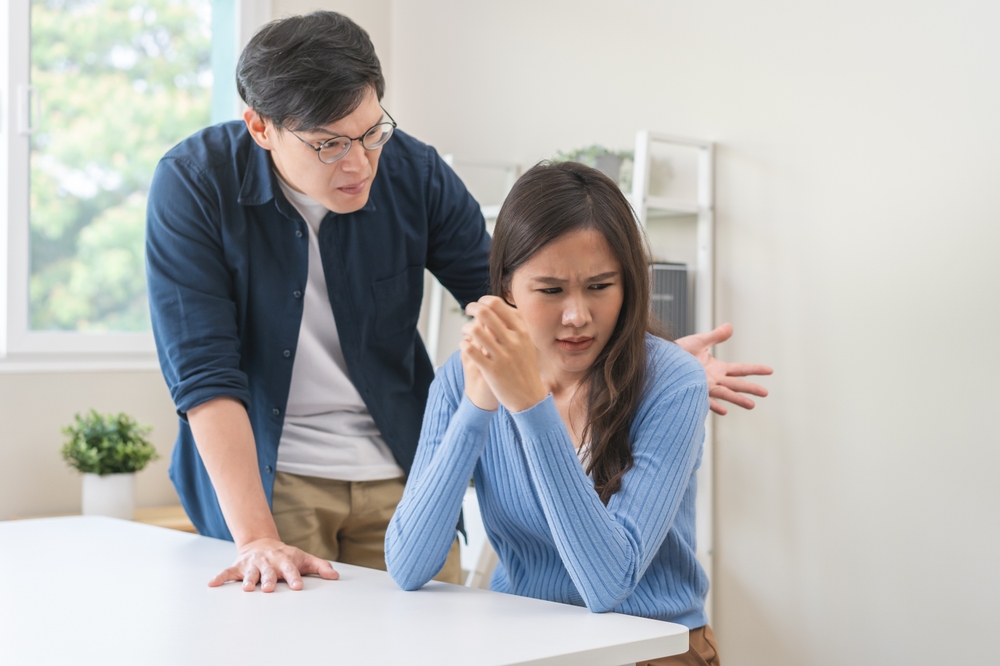 Breakup and depressed, asian young quarrel couple love fight relationship in trouble. Different people are emotion angry. Argue wife has expression, upset with husband. Problem of family people.
