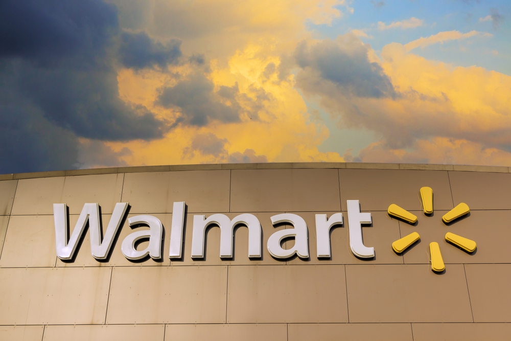 July 10, 2024 East Brunswick NJ US. Here is view of logo on front sign of Walmart superstore in United States