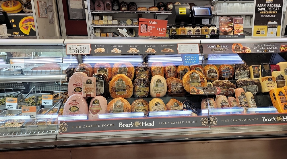 New York, NY, USA - July 11, 2024: Boar's Head deli in Fairway Market on 766 6th Avenue, New York City. It offers variety of hams, cheeses, sausages and other products.
