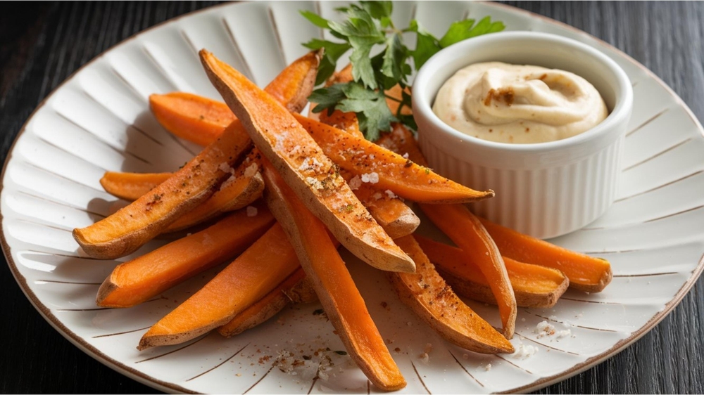 Sweet Potato Fries: Crispy, slightly sweet fries made from sweet potatoes, seasoned and baked or fried, offering a healthier yet delicious alternative to regular fries.